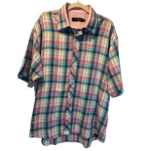 Ted Lapidus Paris 100% Linen Shirt Short Sleeve Button Front Pink Plaid Sz XXL‎